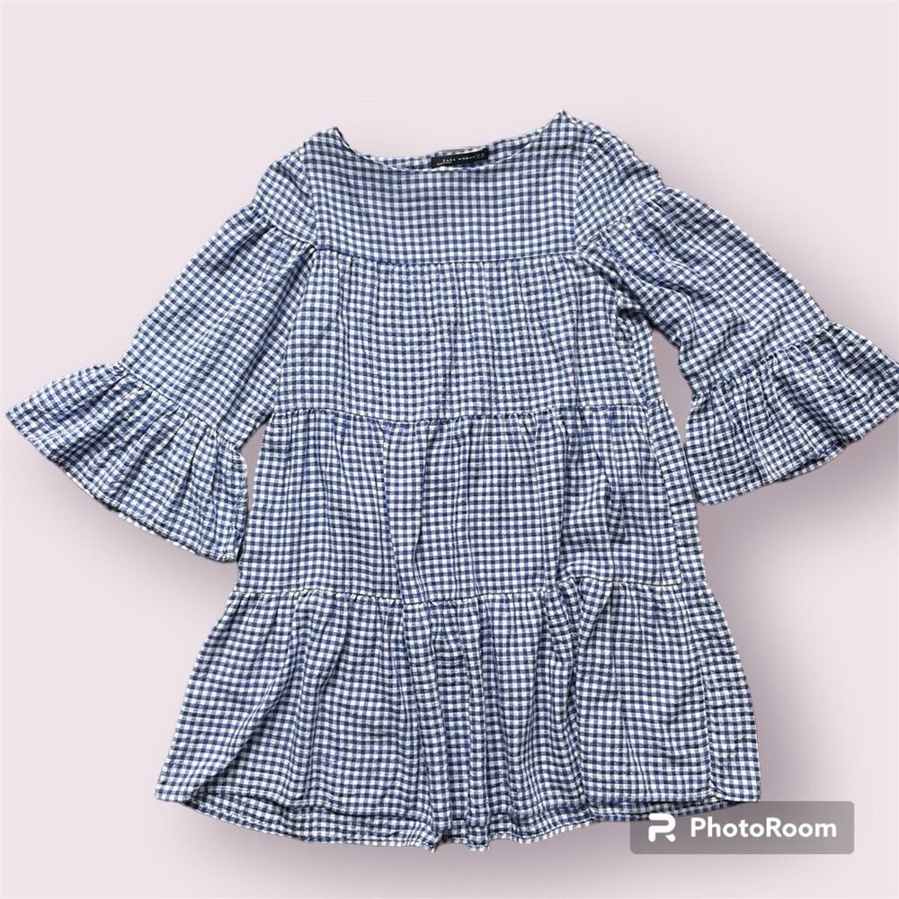 Zara Blue White Gingham Long Sleeve Bell‎ Sleeve Tiered Mini Dress XS Summer